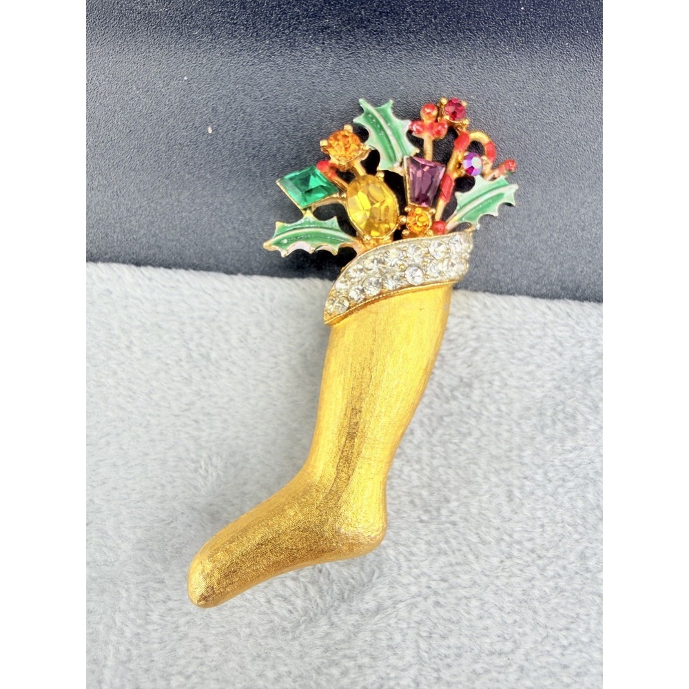 Vintage Weiss Christmas Stocking Brooch‎ Yellow Rhinestone Gold Tone Signed